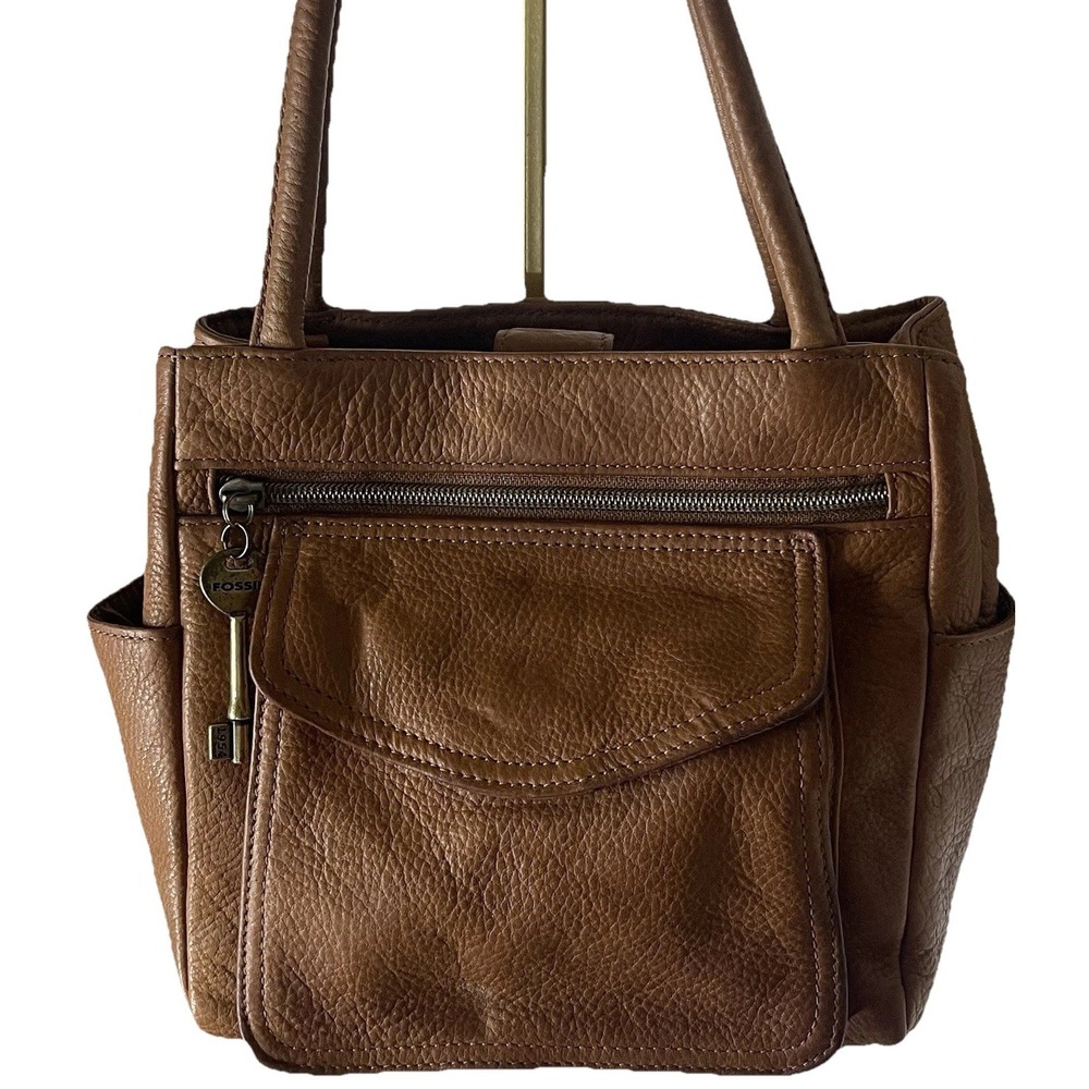 Vintage Fossil 75082 Women's Brown Leather Satchel Shoulder Handbag Purse w/ Key